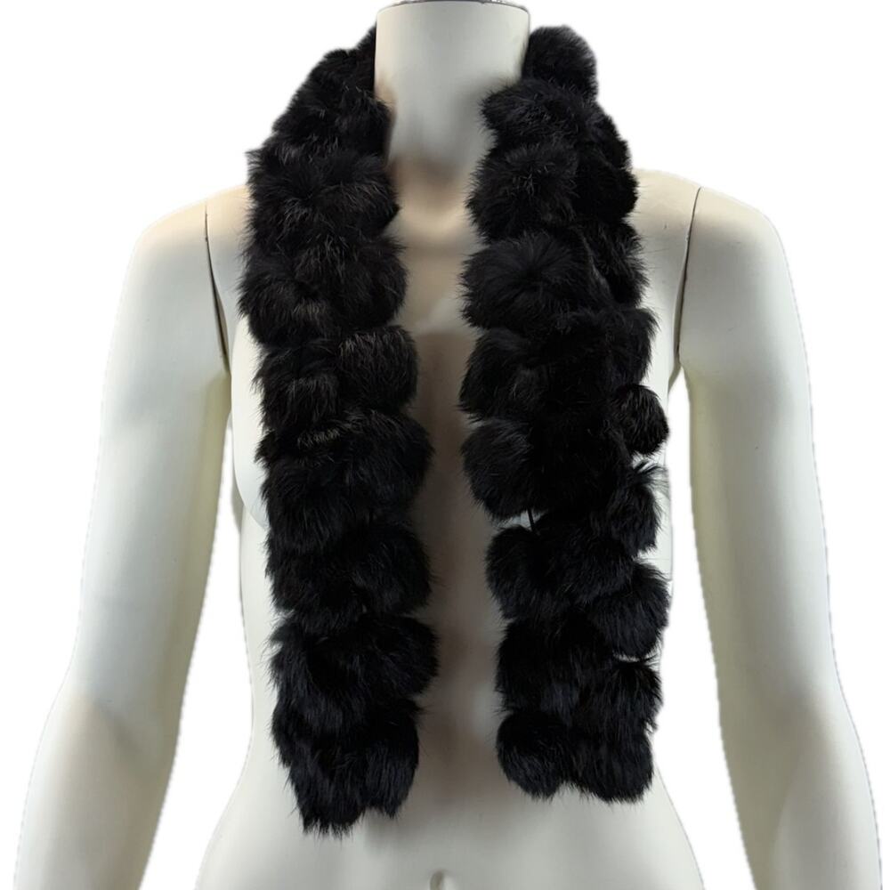 Liz Claiborne Neck Scarf Black Rabbit Angora Fur Hand-Strung Pom-Pom New No Tag